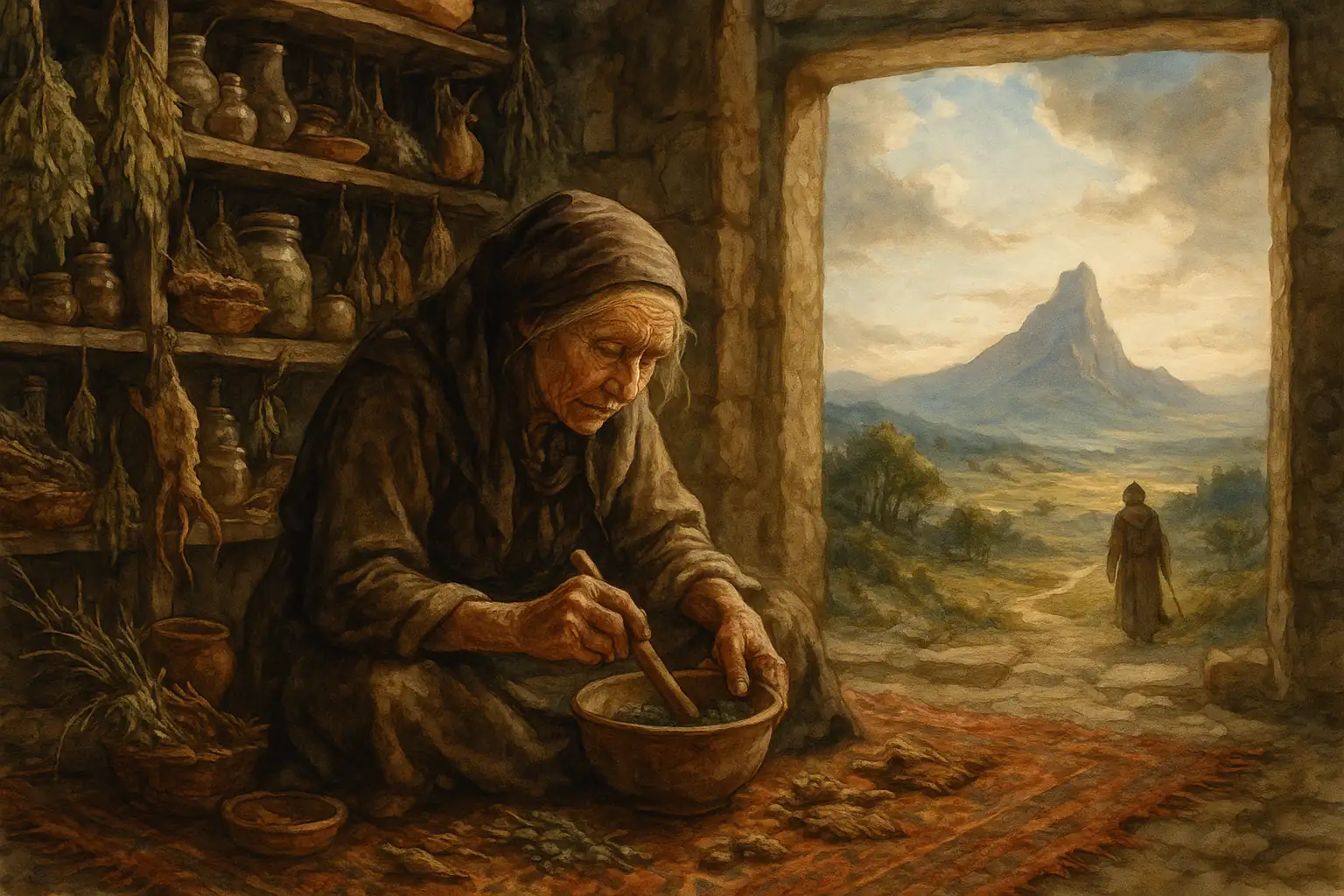 Eine alte Frau, sityzt auf dem Boden in ihrer Hütte und mischt einen Kräutersut in einer Tonschüssel