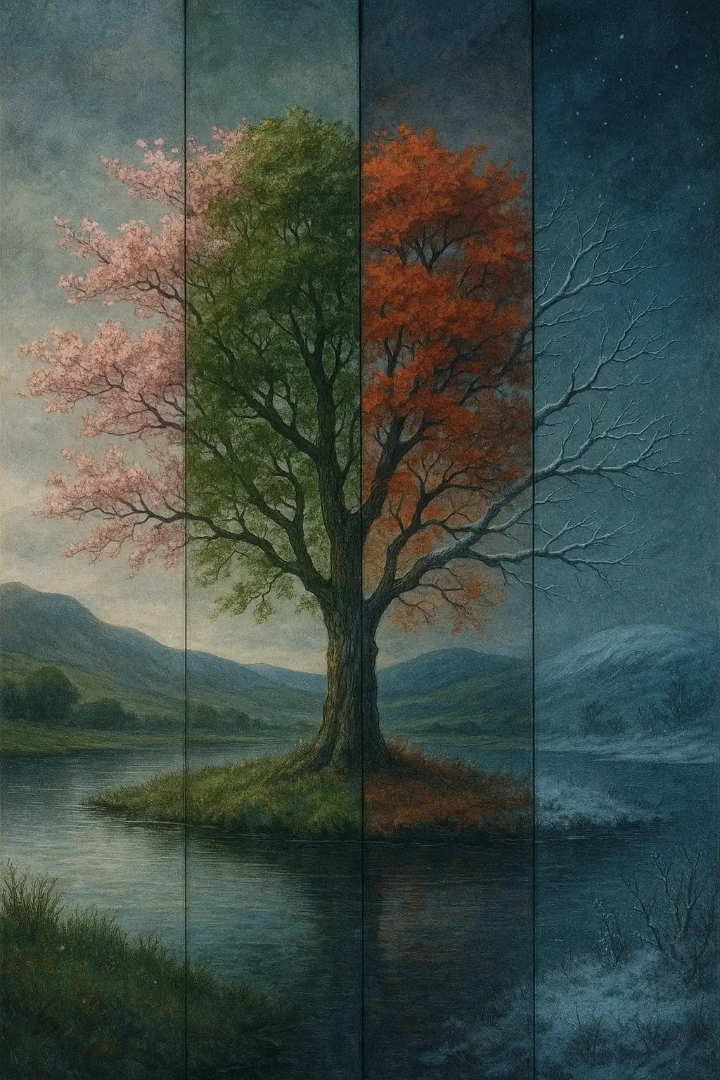 Ein Bild von Kirschbaum, dass den Baum in allen vier Jahreszeiten zeigt.
