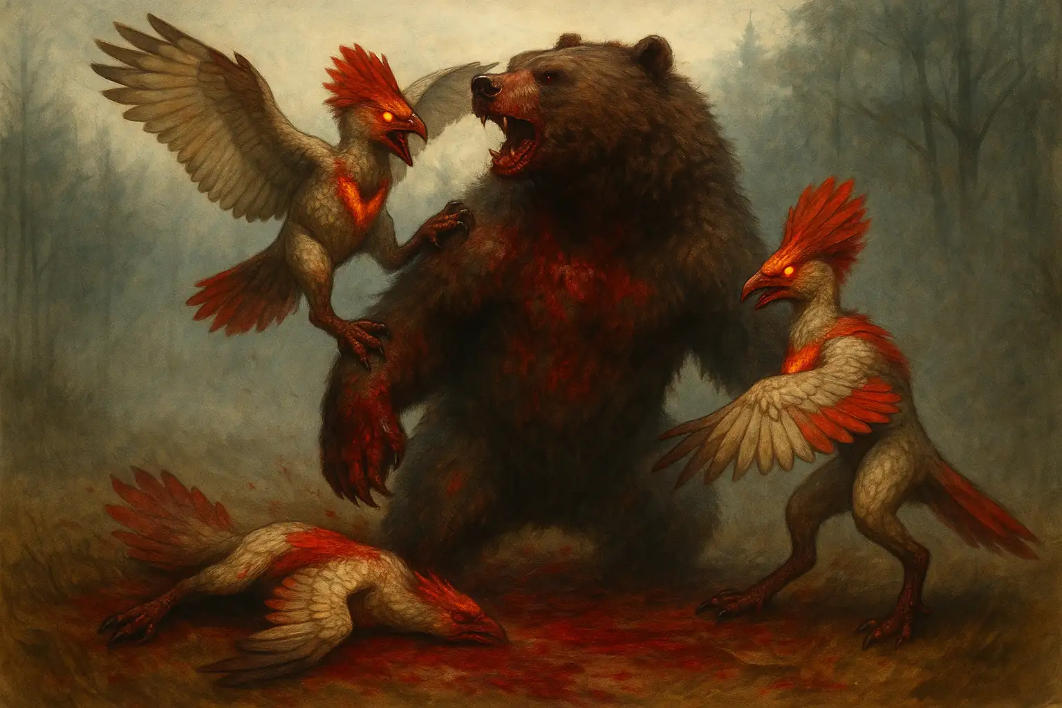 Drei vogelartige Raptoren greifen einen Grizzly an.