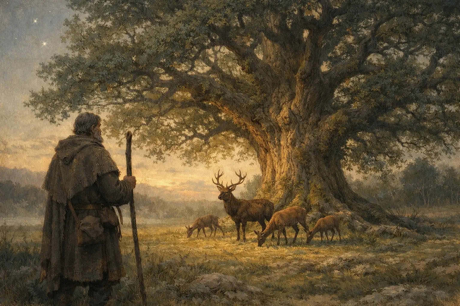 Ein Druide betrachtet ehrfurchtsvoll eine riesige Eiche, unter der Hirsche grasen