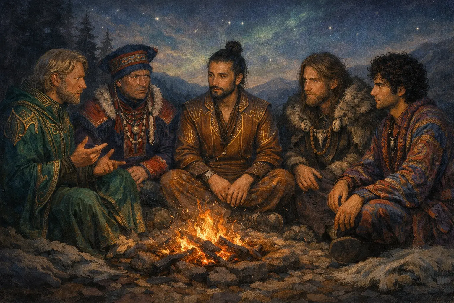 5 Männer aus unterschiedlichsten Kulturen sitzen friedlich an einem Lagerfeuer und tauschen sich über ihre Weltanschauungen aus.