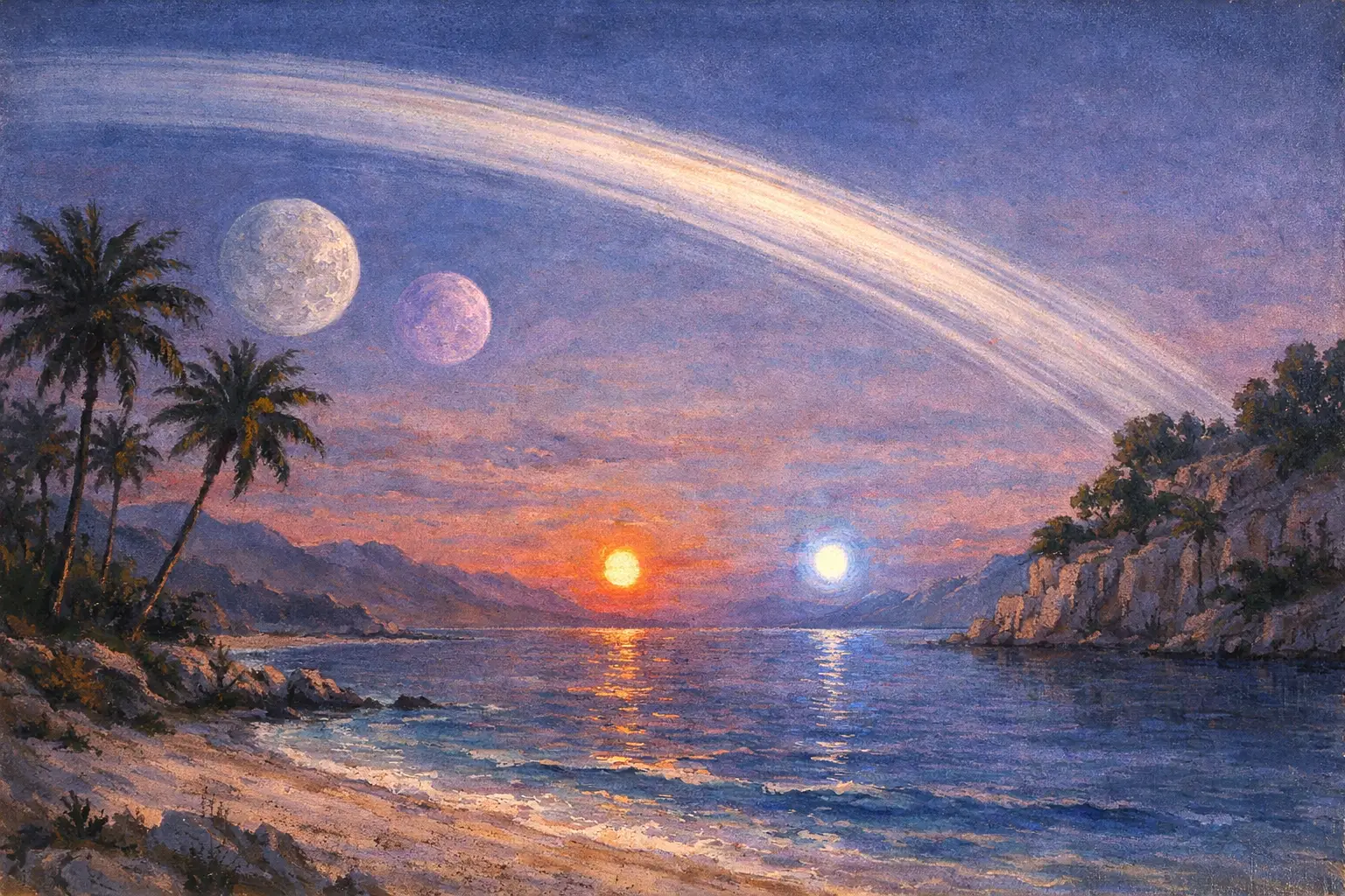 Eine idyllische Strandlandschaft bei Sonneuntergang. Am Horizont gehen eine blaue und eine orange Sonne unter, während bereits ein silberner und ein violetter Mond aufgehen.
