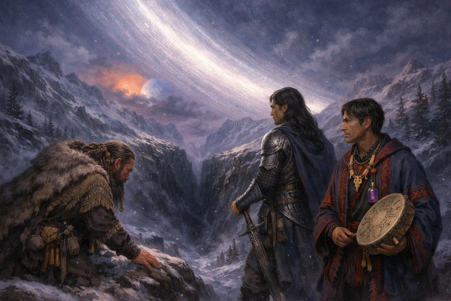 Drei Gefährten stehen auf einem verschneiten Bergrücken im Zwielicht zweier untergehender Sonnen und dem silbrigen Schimmer des Planetengürtels Barkuz. Rechts steht der Lithi-Schamane Nilas in zeremonieller Tracht mit Schamanentrommel, links der Druide Aldrich in Pelzmantel mit geflochtenen Zöpfen, und in der Mitte der hochgewachsene Krieger Saula in eleganter, silberner Rüstung mit der Hand am Schwertgriff. Vor ihnen öffnet sich eine dunkle Schlucht, aus der ein unnatürlicher Wind weht.