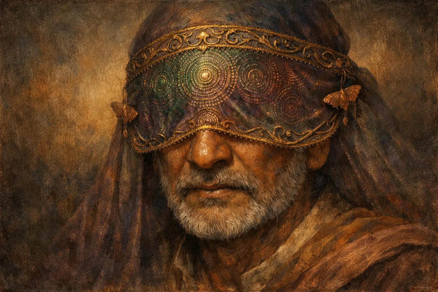 Ein Mann mir olivfarbener haut und kurzem weißen Bart, der einen kunstvoll verzierten Schleier über den Augen trägt.