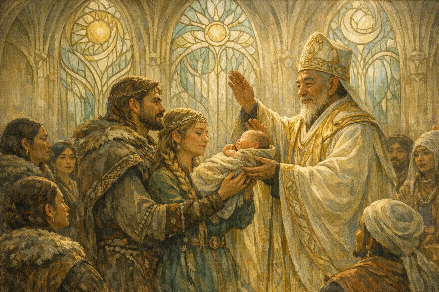 Ein Kleriker segnet ein Kind in einer Kirche mit Jugendstil-Elementen