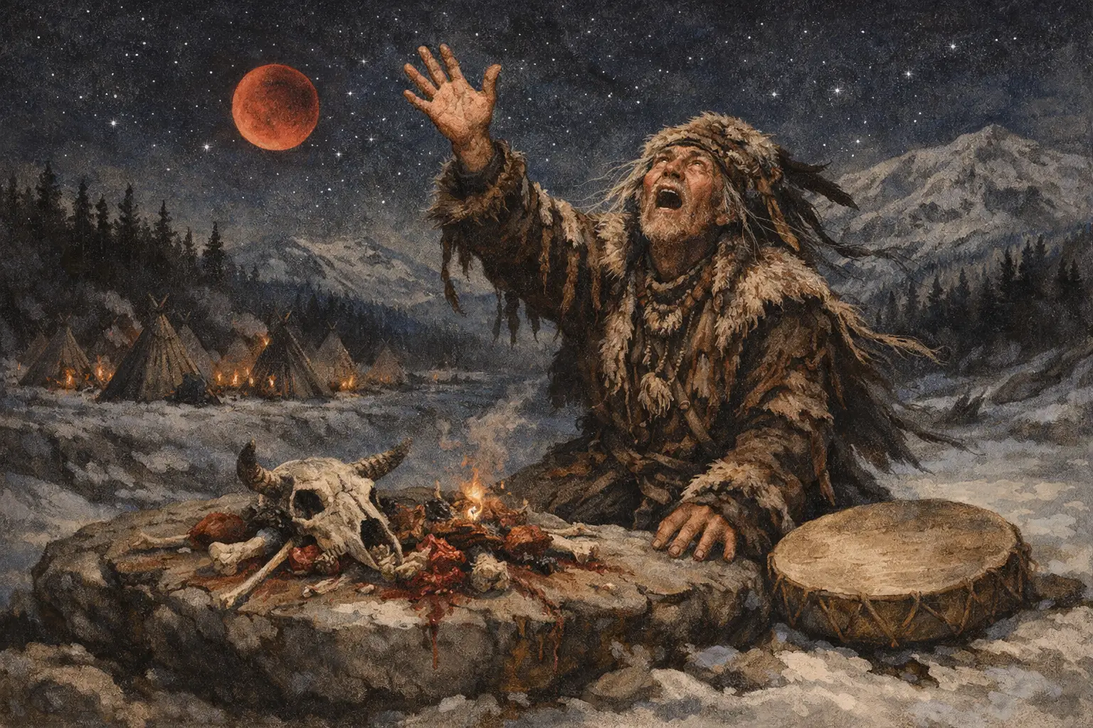 Eine cineastische, dunkle Fantasy-Szene in einer eisigen Nachtlandschaft. Ein verwitterter Schamane kniet im Schnee, gekleidet in zerrissene Felle und primitive Kleidung. Seine Augen leuchten unnatürlich hell, während er einen Arm flehend zum Himmel erhebt. Vor ihm liegen Knochen, ein Tierschädel und blutige Opferreste im Schnee. Neben ihm liegt eine einfache Ritualtrommel. Im Hintergrund erstrecken sich dunkle Nadelwälder und schneebedeckte Berge unter einem sternklaren Himmel. Drei Monde hängen in weiter Ferne am Firmament: ein violetter dunkler Mond, ein heller Vollmond und ein blutroter Mond, der die Landschaft unheilvoll färbt. Kalter Wind bewegt Fellfransen und Schnee.