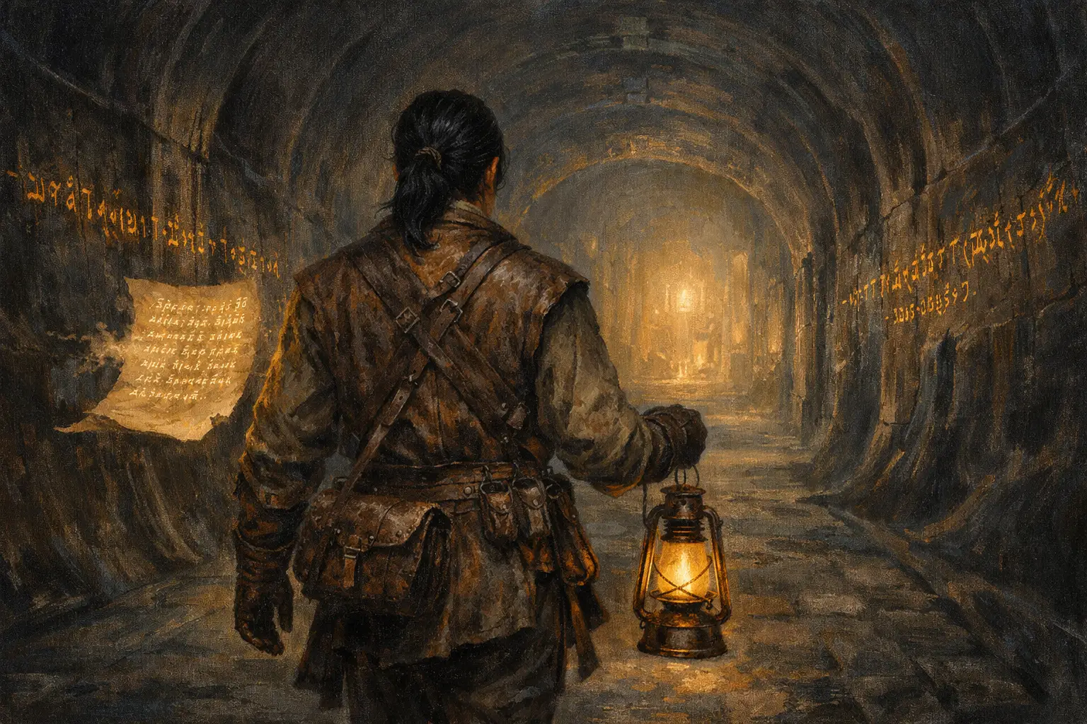 Tarek geht aufmerksam den alten Tunnel entlang. Hinter ihm schwebt ein Pergament und ein Stift, der Notizen macht.