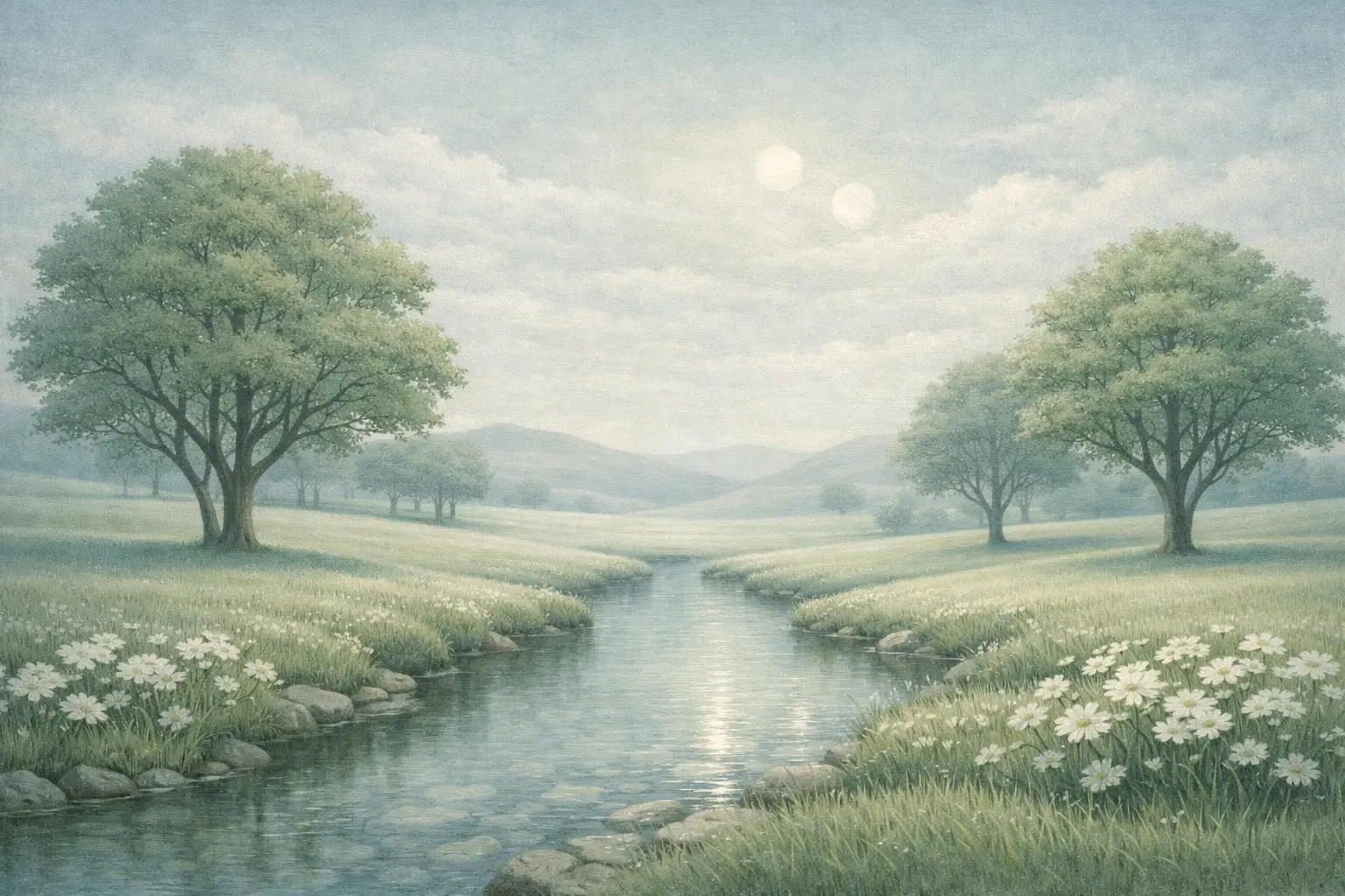 A stream in an unnaturally perfect landscape. Crystal-clear water, flawless trees and uniform grasslands under a pale sky with two dim suns. The scene conveys an eerie emptiness and silence.