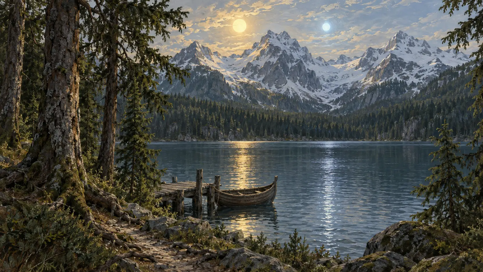 Blick vom Rand des Finsterwalds über einen dunklen Bergsee zu schneebedeckten Gipfeln, während die goldene Dagaz und die kleinere bläuliche Kaldaz gemeinsam am selben nordischen Himmel stehen und ihr Licht in unterschiedlichen Farben auf dem Wasser brechen.