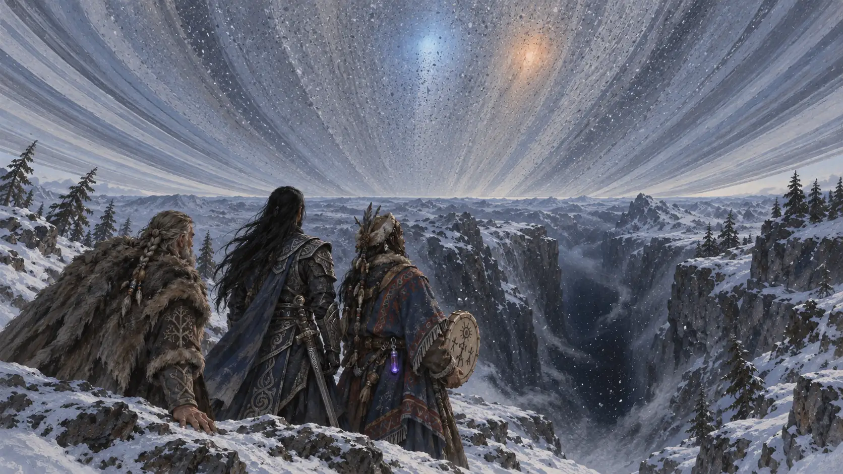 Drei Gefährten stehen auf einem verschneiten Bergrücken im Zwielicht zweier untergehender Sonnen und dem silbrigen Schimmer des Planetengürtels Barkuz. Rechts steht der Lithi-Schamane Nilas in zeremonieller Tracht mit Schamanentrommel, links der Druide Aldrich in Pelzmantel mit geflochtenen Zöpfen, und in der Mitte der hochgewachsene Krieger Saula in eleganter, silberner Rüstung mit der Hand am Schwertgriff. Vor ihnen öffnet sich eine dunkle Schlucht, aus der ein unnatürlicher Wind weht.