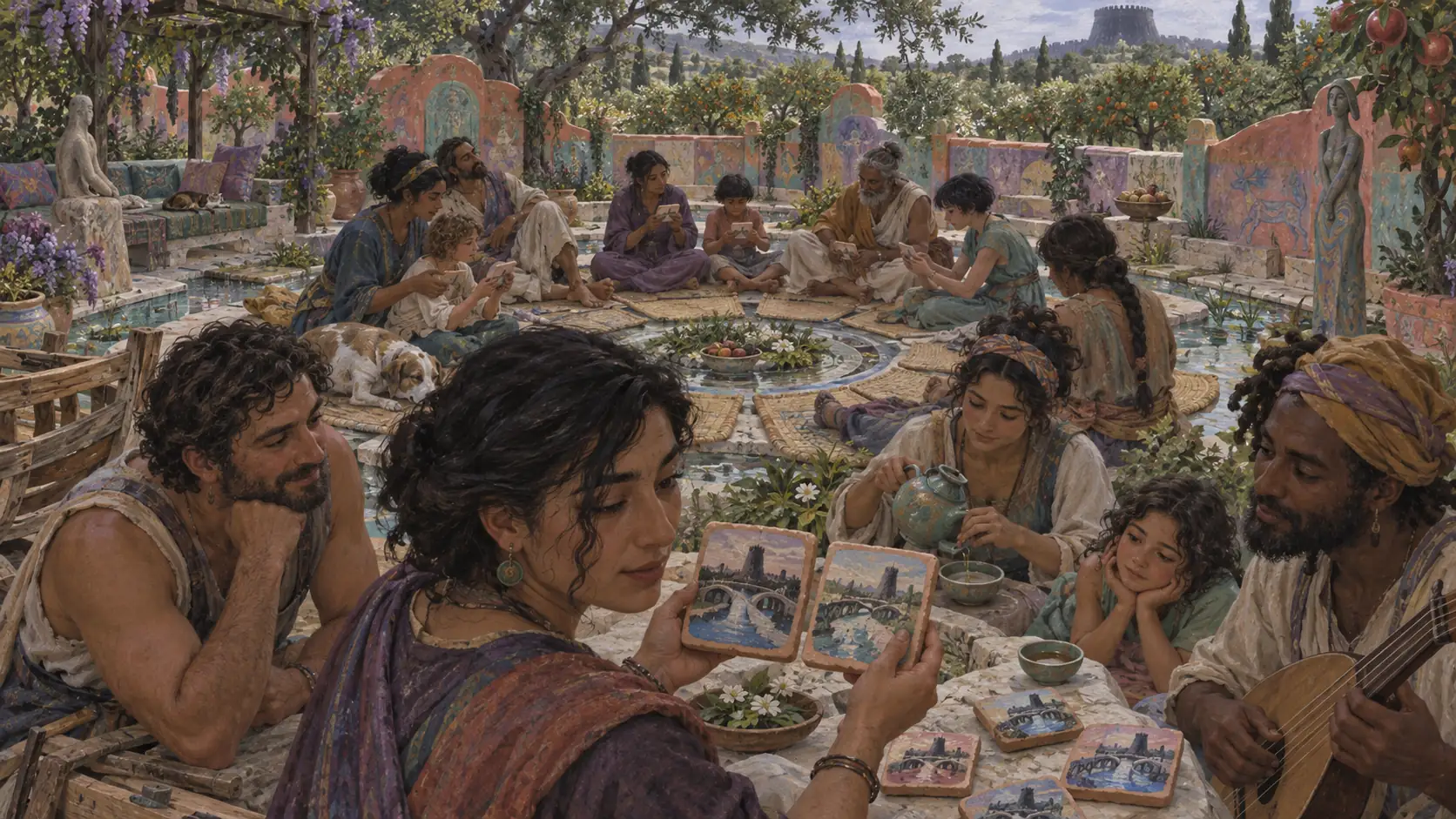 In einem üppigen Gemeinschaftsgarten erwacht ein Kreis von Erwachsenen und Kindern aus einer gemeinsamen Mittagsruhe und vergleicht bemalte Tontäfelchen, auf denen unabhängig voneinander dasselbe Motiv erscheint – eine Brücke, die zu einem dunklen Turm über dem Wasser führt.