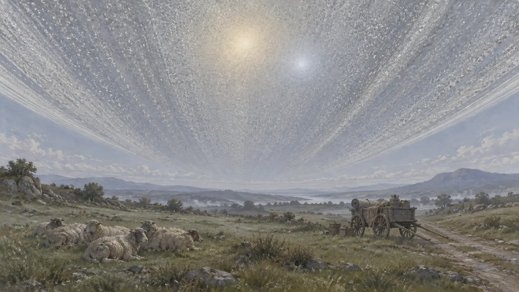 Eine weite Landschaft im diffusen, silbrig-blauen Licht der Schattenruhe: eine Herde ruht dicht gedrängt auf der Weide, ein verlassener Karren steht am Wegesrand, während ein gewaltiger Planetenring den halben Himmel überspannt und beide gedämpften Sonnen tief am Horizont stehen.