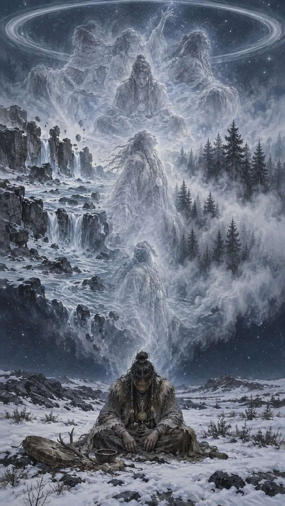 Ein sitzender Schamane in tiefer Trance, aus dessen Scheitel eine durchscheinende zweite Gestalt durch eine sich auflösende Landschaft aufsteigt und sich in der obersten Bildebene in mehrere gleichzeitige Nachbilder seiner selbst auffächert.