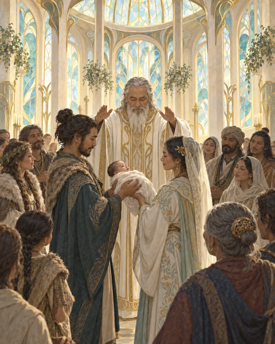 Ein Kleriker segnet ein Kind in einer Kirche mit Jugendstil-Elementen