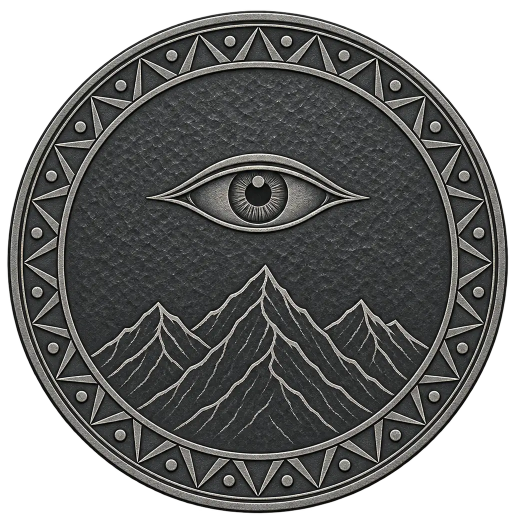 Ein Schild aus dunklem, graviertem Metall mit Berggipfeln und einem wachsamen Auge darüber