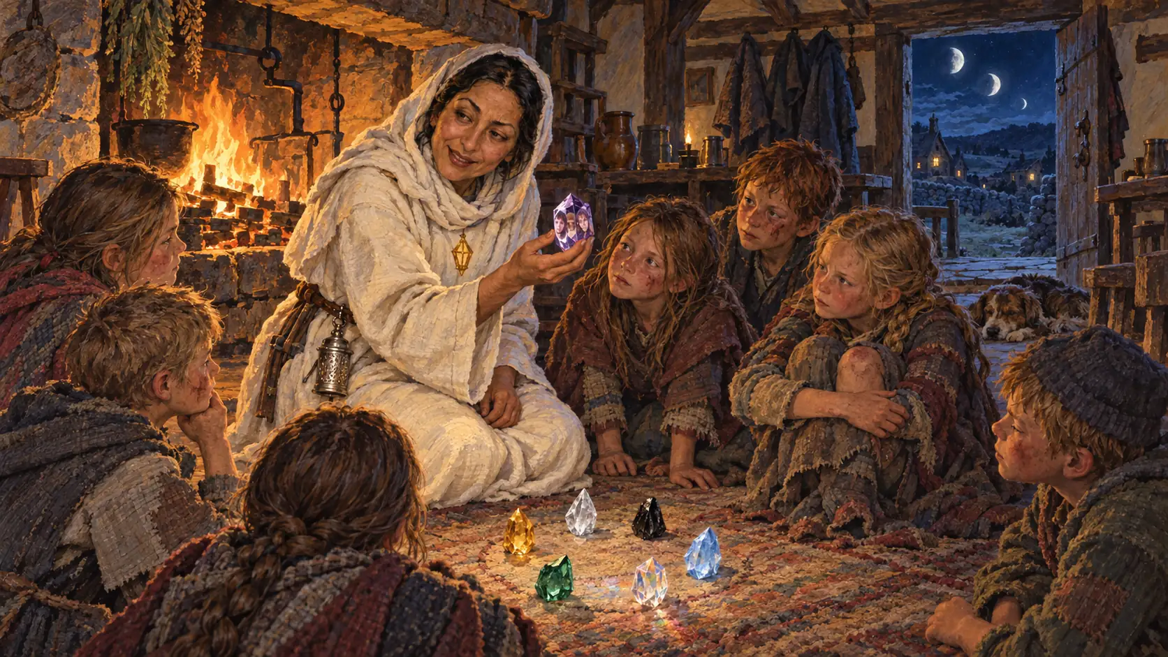 Eine reisende Ordensschwester kniet am Kamin eines Gasthauses und erzählt sieben aufmerksamen Dorfkindern eine Geschichte, während sieben verschiedenfarbige Kristalle in einem Kreis vor ihr liegen und einer davon ihr Gesicht in schimmernde Facetten bricht.