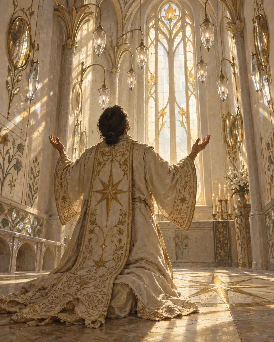 Ein Mönch kniet, von hinten gesehen, in einer lichtdurchfluteten Kapelle aus hellem Marmor und hält die Hände offen nach oben erhoben, den Kopf ins Licht gewandt. Auf dem Rücken seiner elfenbeinfarbenen Robe steht ein goldener Stern, ringsum ziehen sich geschwungenes Goldrankenwerk, hängende Kristalllampen und ein in den Boden eingelegter Stern.