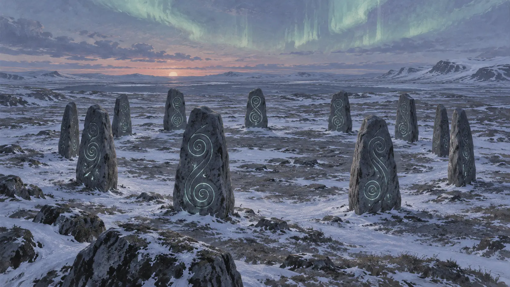Ein Ring gewaltiger, makellos glatter Menhire auf einem windumtosten Hochplateau, ihre spiralförmigen Gravuren von innen schwach leuchtend, während sich Aurora-Licht über dem Kreis zu sammeln beginnt.