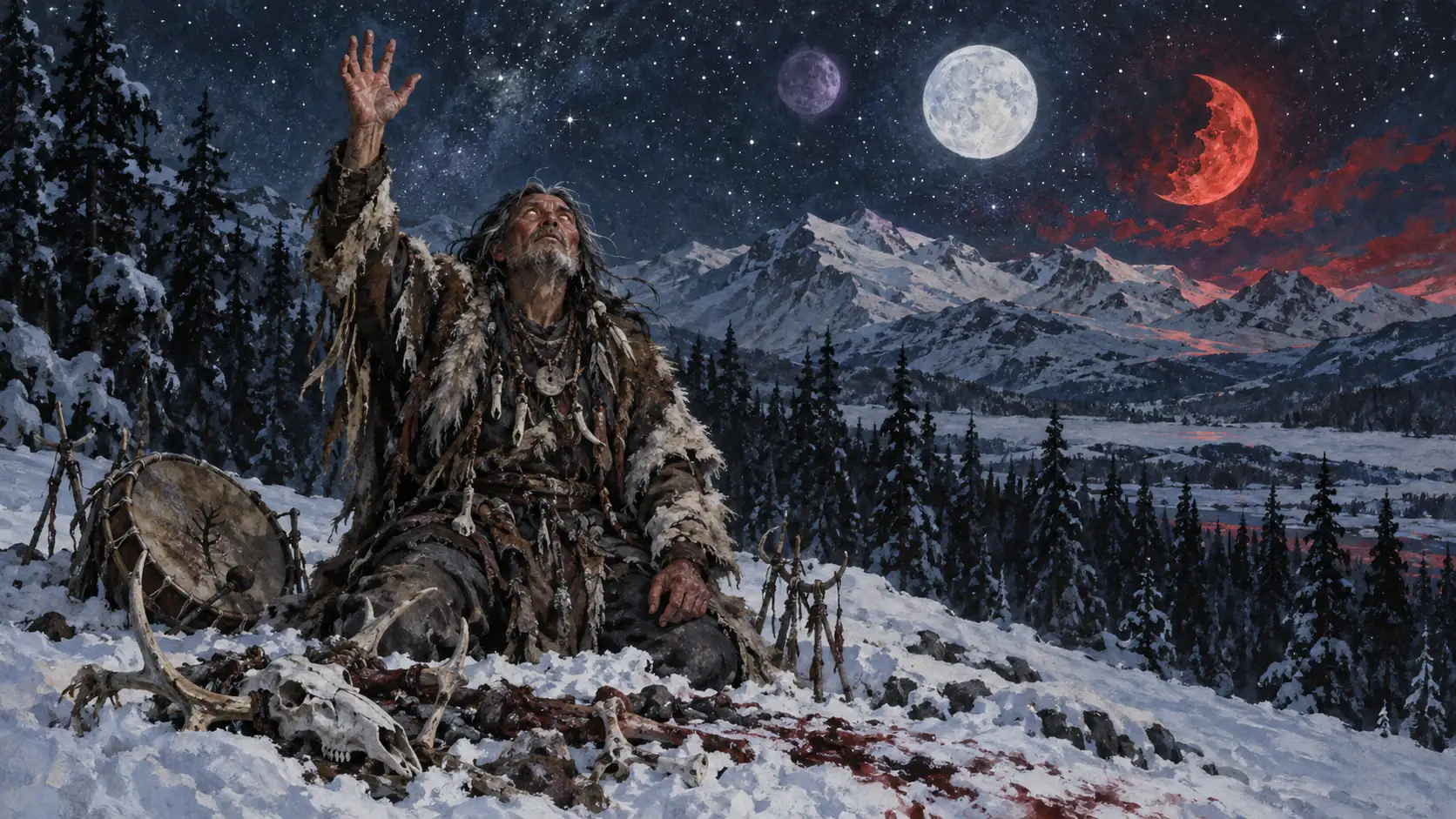 Eine cineastische, dunkle Fantasy-Szene in einer eisigen Nachtlandschaft. Ein verwitterter Schamane kniet im Schnee, gekleidet in zerrissene Felle und primitive Kleidung. Seine Augen leuchten unnatürlich hell, während er einen Arm flehend zum Himmel erhebt. Vor ihm liegen Knochen, ein Tierschädel und blutige Opferreste im Schnee. Neben ihm liegt eine einfache Ritualtrommel. Im Hintergrund erstrecken sich dunkle Nadelwälder und schneebedeckte Berge unter einem sternklaren Himmel. Drei Monde hängen in weiter Ferne am Firmament: ein violetter dunkler Mond, ein heller Vollmond und ein blutroter Mond, der die Landschaft unheilvoll färbt. Kalter Wind bewegt Fellfransen und Schnee.