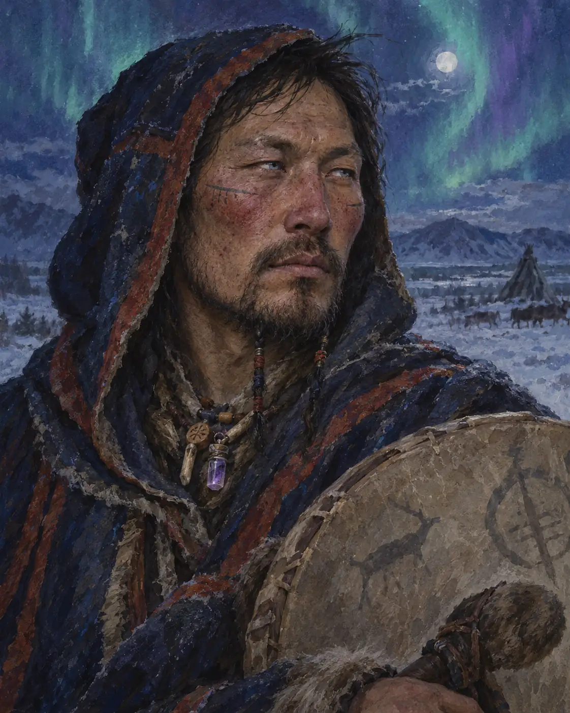 Porträt des Lithi-Noaidi Nilas Áilu-bártni Guovssahas-sidd – junges, bärtiges Gesicht im zeremoniellen Gewand, erste Ansätze einer Wangentätowierung, auffallend helle Augen, eine Rahmentrommel im Arm.