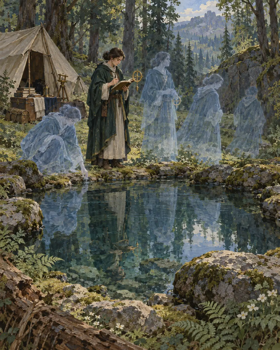 Ein Forscher steht an einer stillen Waldquelle, umgeben von mehreren durchscheinenden Nachbildern seiner selbst in unterschiedlichen Haltungen, während er unbeirrt Messungen in ein Notizbuch einträgt.