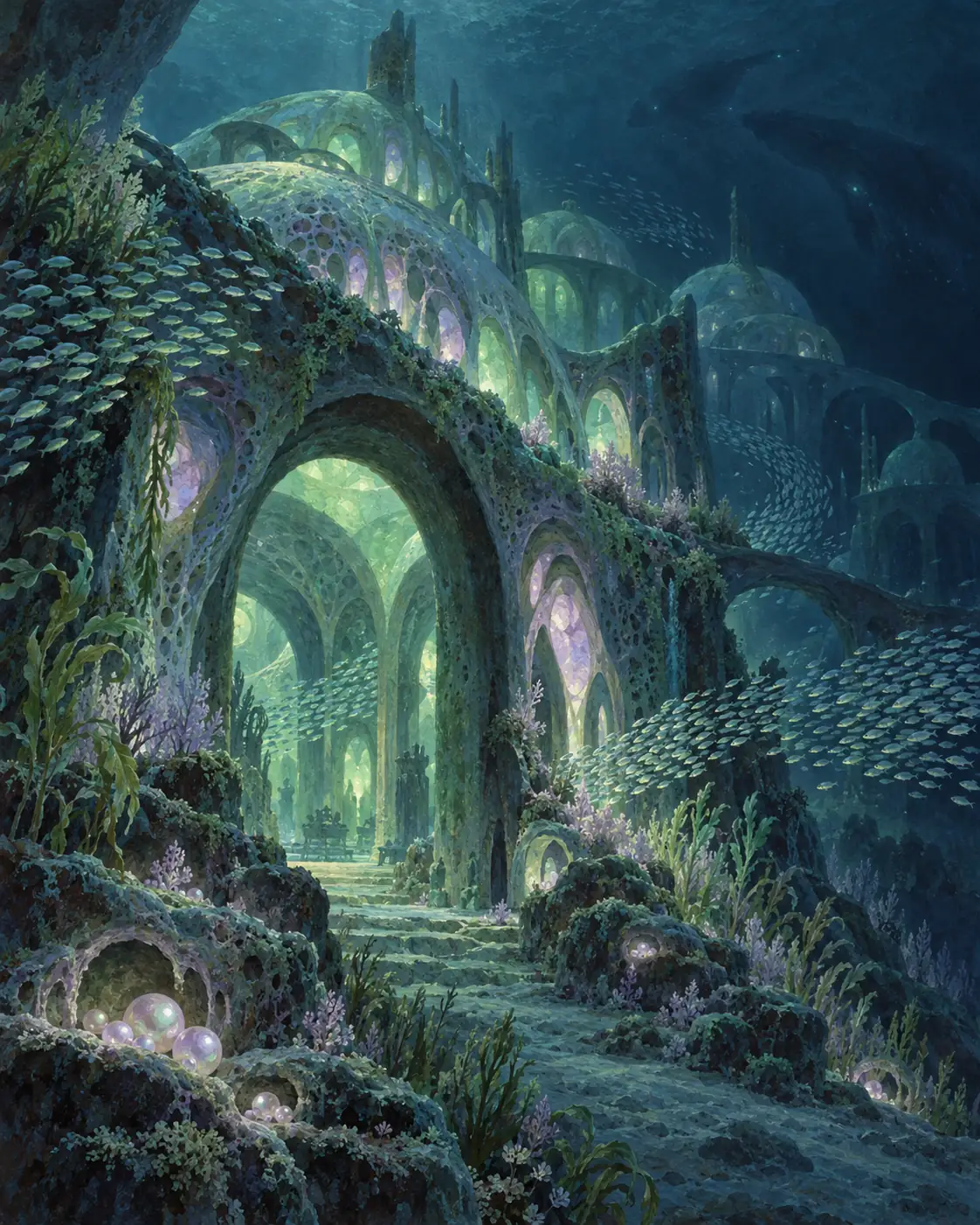 Unter Wasser erheben sich glatte, korallenartige Kuppeln und Torbögen von zu regelmäßiger Form, um natürlich zu sein, schwach phosphoreszierend zwischen leuchtenden Perlnestern, während ein einzelner Taucher klein davor schwebt.