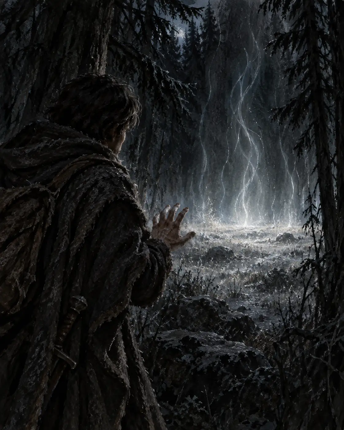 Ein Wanderer verharrt an der Schwelle einer nächtlichen Waldlichtung, die Hand halb erhoben, während sich silbrige Lichtfäden aus dem Inneren der Lichtung in den Himmel emporwinden.