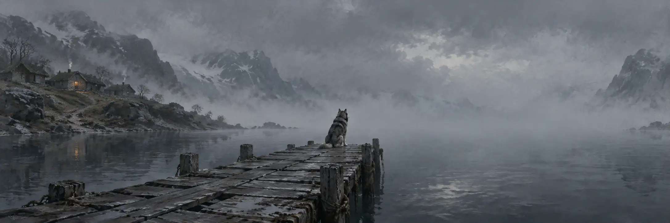 Ein Schlittenhund sitzt reglos am Ende eines verwitterten Holzstegs über dunklem, stillem Fjordwasser und blickt hinaus in dichten, grauen Nebel. Auf einer felsigen Anhöhe im Hintergrund liegen dunkle, torfgedeckte Hütten unter tief hängenden Wolken, nur in einem Fenster brennt schwaches Feuerlicht.