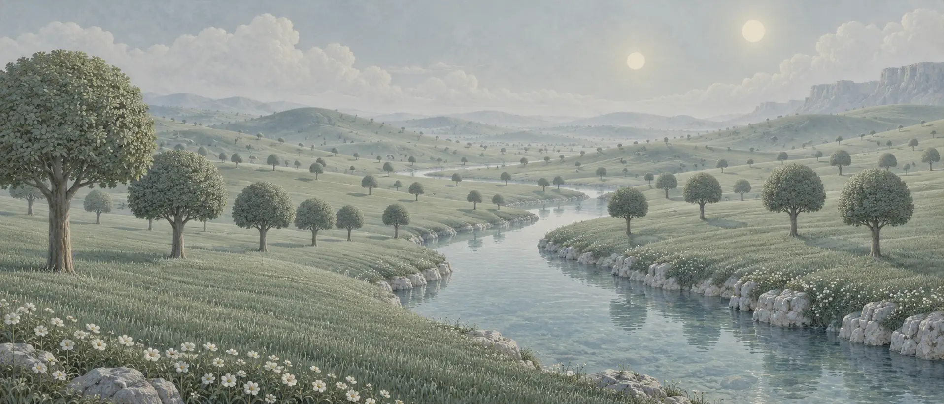Ein Bach fließt durch eine unheimlich perfekte Landschaft. Kristallklares Wasser, makellose Bäume und gleichförmige Wiesen unter einem blassen Himmel mit zwei matten Sonnen. Die Szene wirkt unheimlich leer und still.