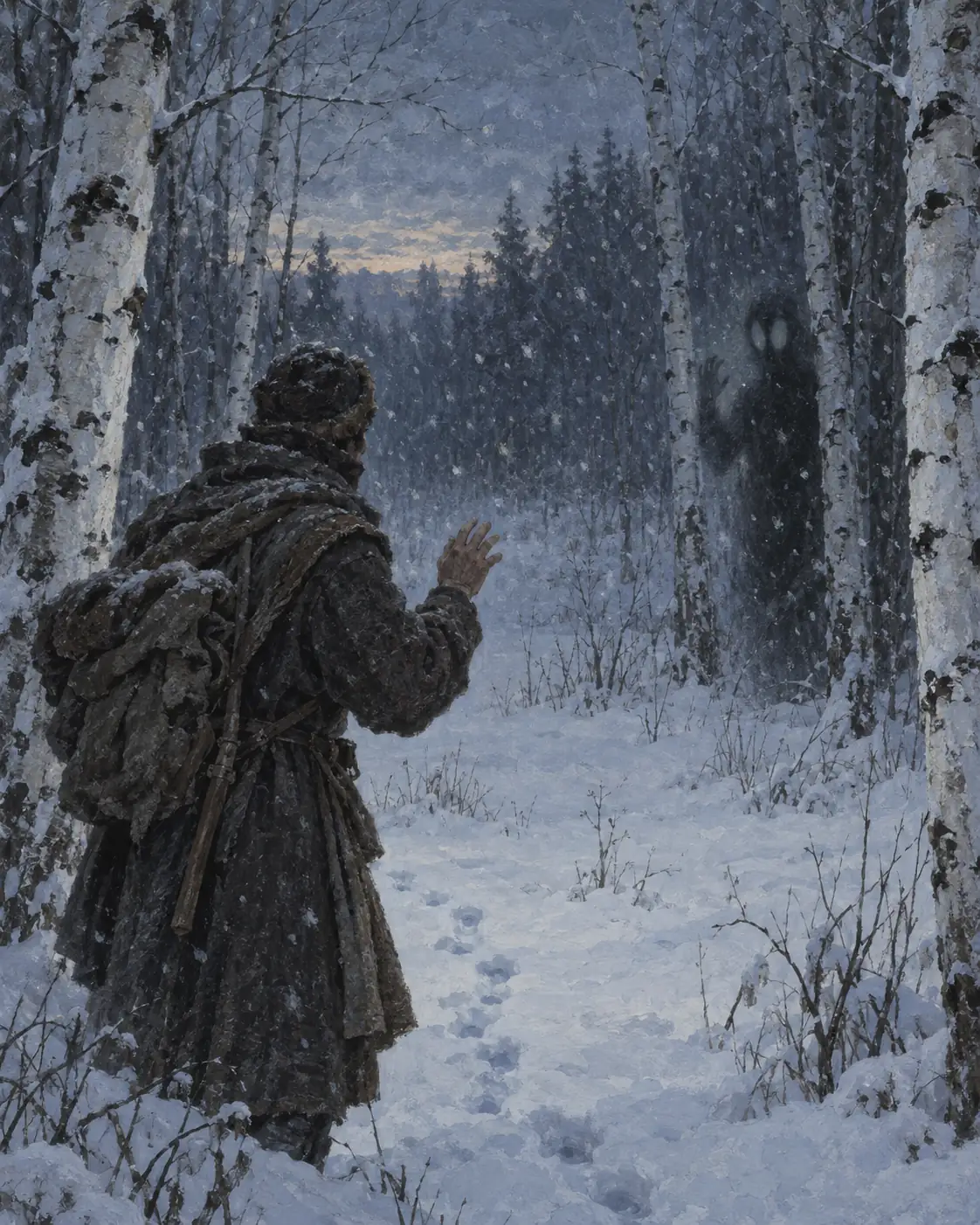 Ein Wanderer verharrt mitten im Schritt an einer verschneiten Birkenlichtung; am Waldrand steht eine zweite, verschwommene Gestalt mit gesichtslosen, lichtschluckenden Augenflächen, die seine halb erhobene Hand einen Herzschlag zu spät nachzuahmen versucht.