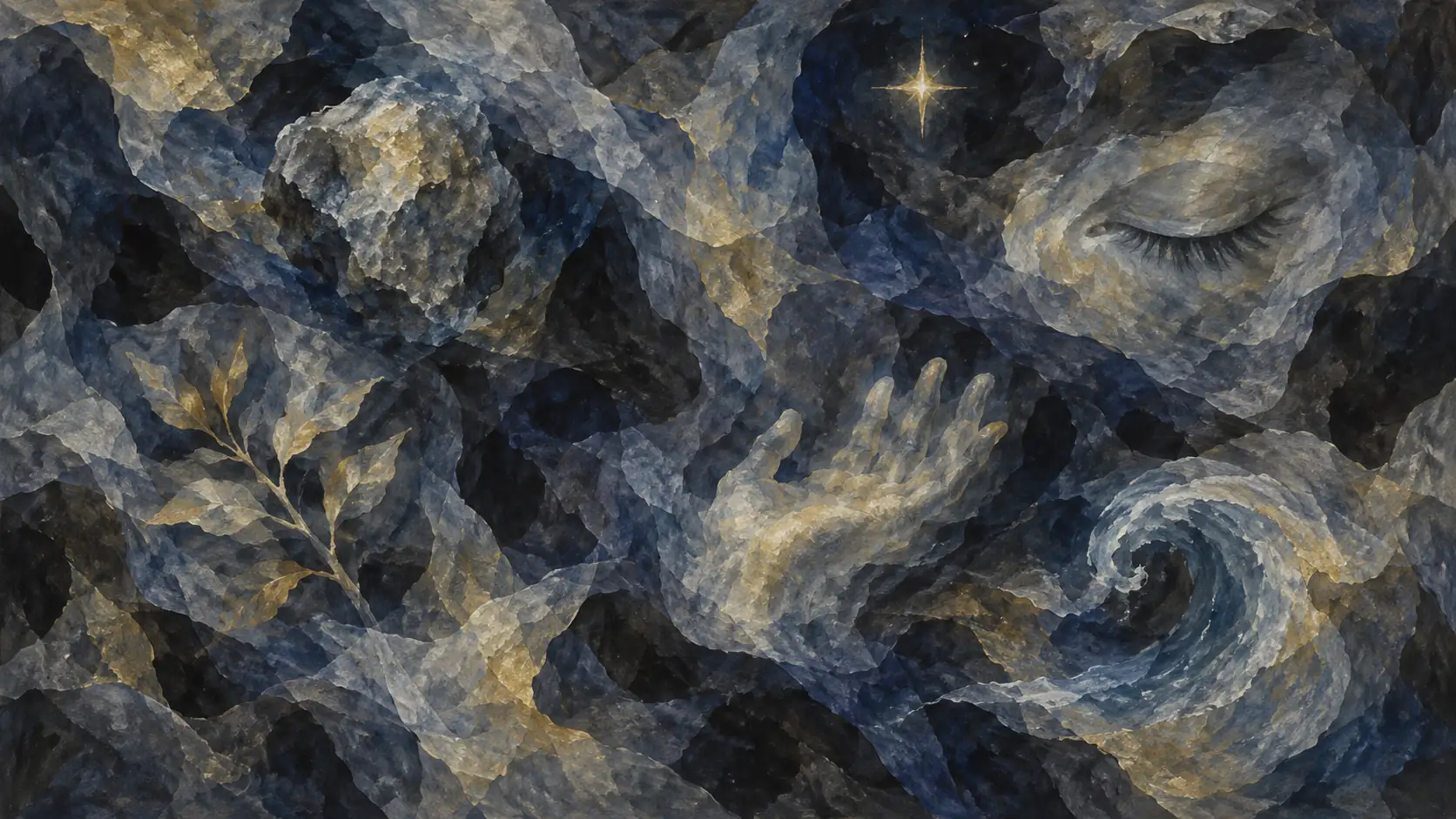 Eine abstrakte, traumhafte Vision, in der sich ineinander verschlungene, wogende Farbfelder reinen Denkens an ihren Überschneidungen zu vertrauten Formen verdichten – ein Stein, ein Zweig, eine Hand, ein Auge, ein Stern – jede noch halb aufgelöst im umgebenden Farbfluss.